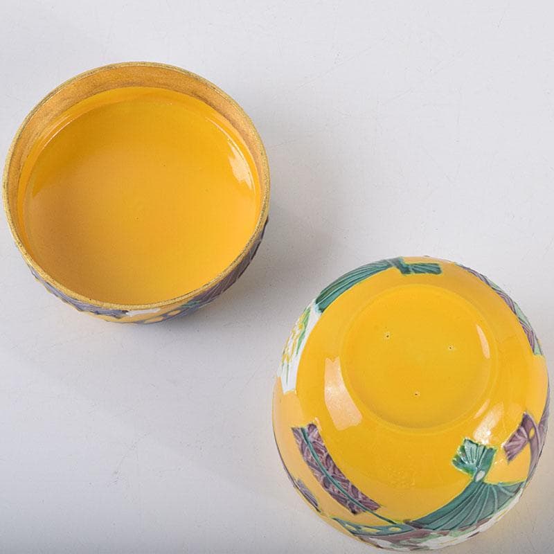 茶道具　平安　高野昭阿弥作　黄交趾　扇面の図　陶棗　共布共箱　V　8645