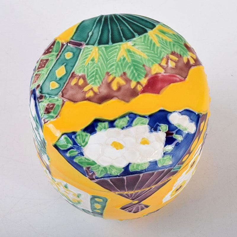 茶道具　平安　高野昭阿弥作　黄交趾　扇面の図　陶棗　共布共箱　V　8645