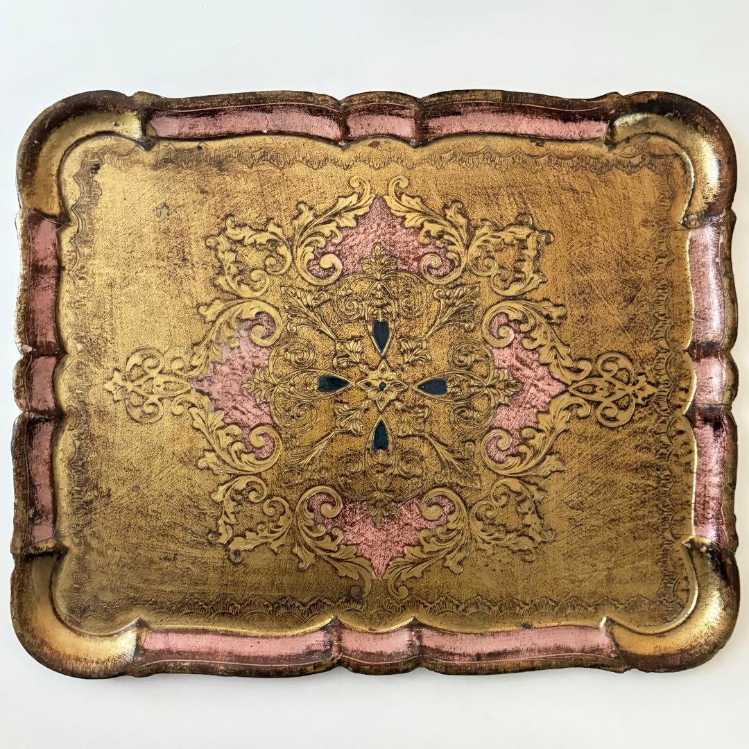 【特大サイズ】イタリア製 ヴィンテージ 木製 トレイ インテリア デスク ピンク