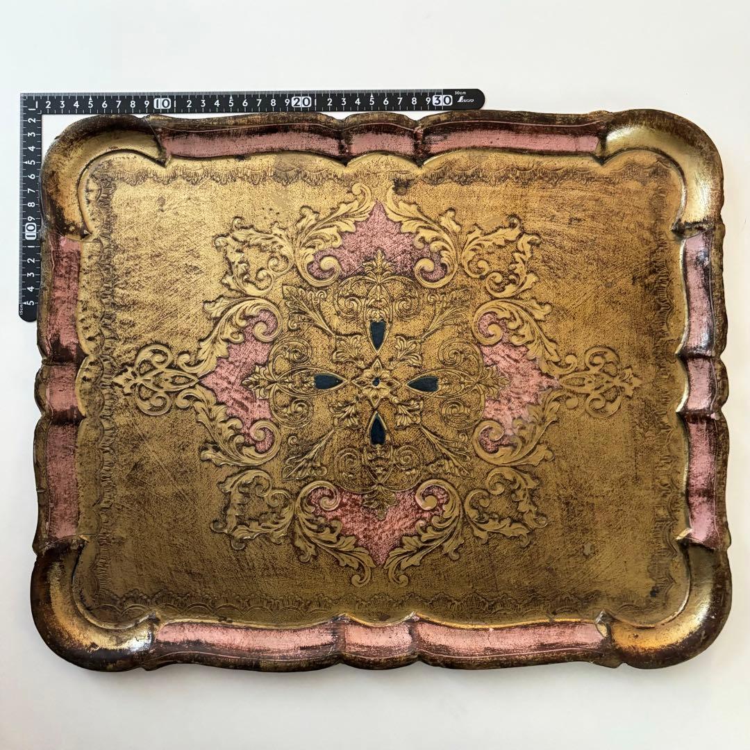 【特大サイズ】イタリア製 ヴィンテージ 木製 トレイ インテリア デスク ピンク