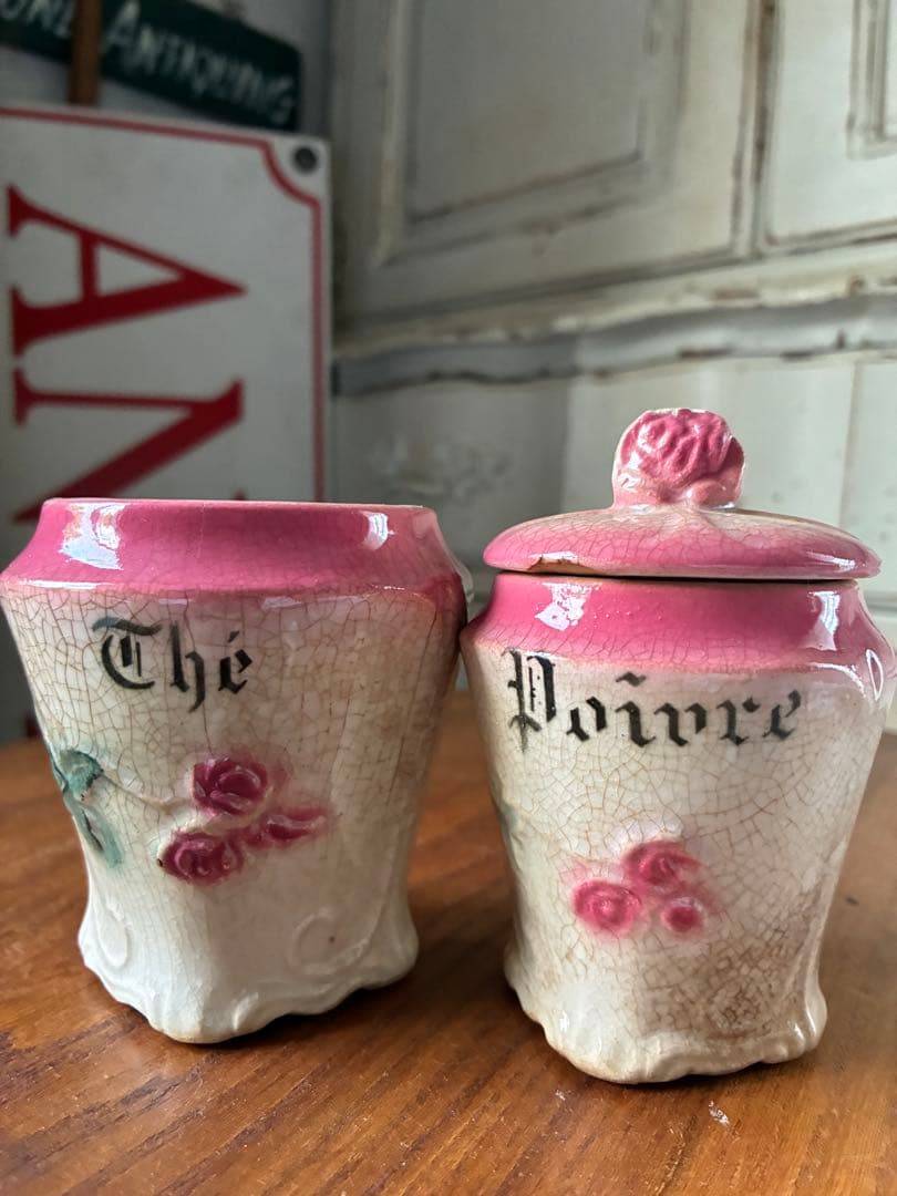 フランス　アンティーク　陶器　キャニスター　バルボティーヌ　ローズ　ピンクCレア