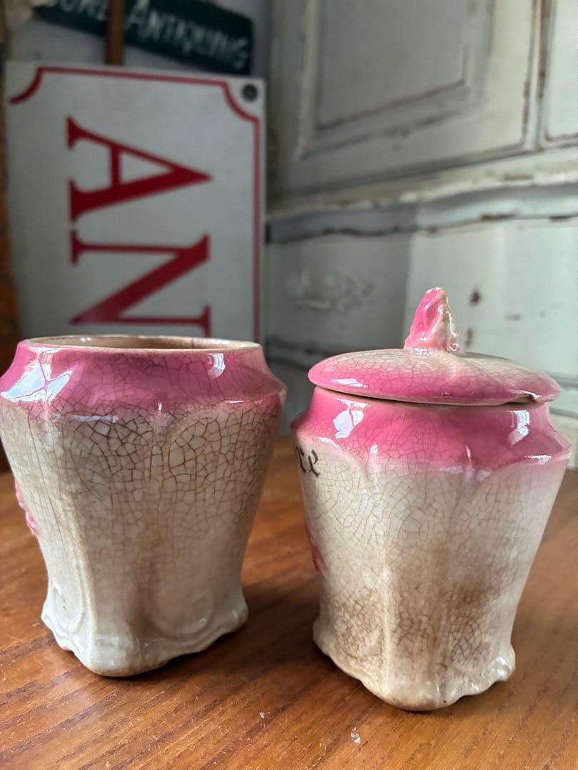 フランス　アンティーク　陶器　キャニスター　バルボティーヌ　ローズ　ピンクCレア