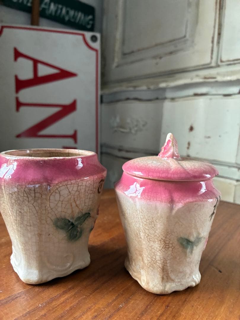 フランス　アンティーク　陶器　キャニスター　バルボティーヌ　ローズ　ピンクCレア