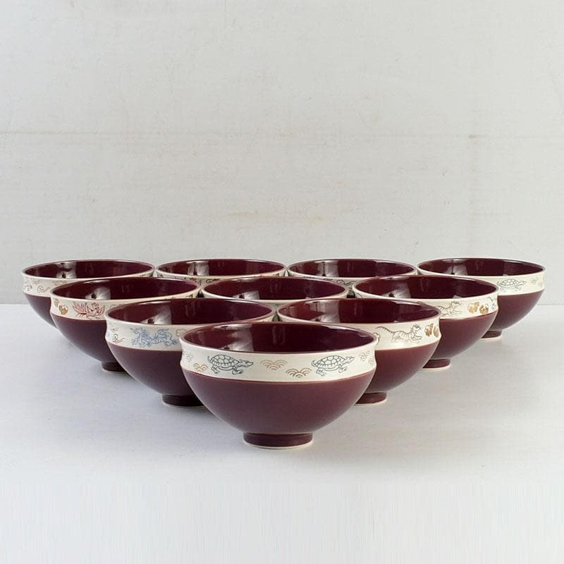 茶道具　瑞穂窯造　紫交趾　五神数茶碗　十客　共箱　V　9505D