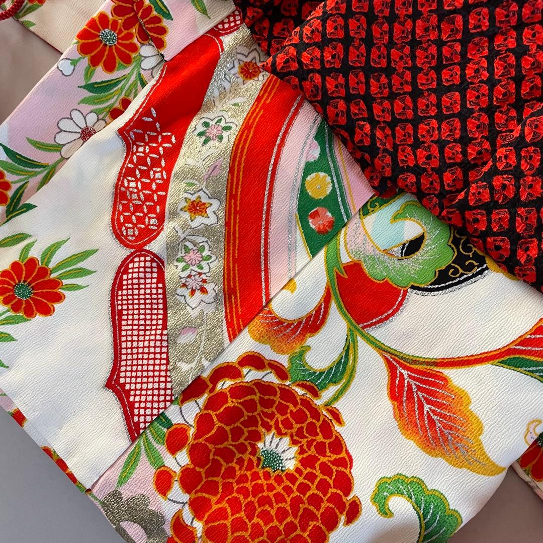 七五三　３歳　アンティークお着物　ハンドメイド　総絞りの被布コーデセット