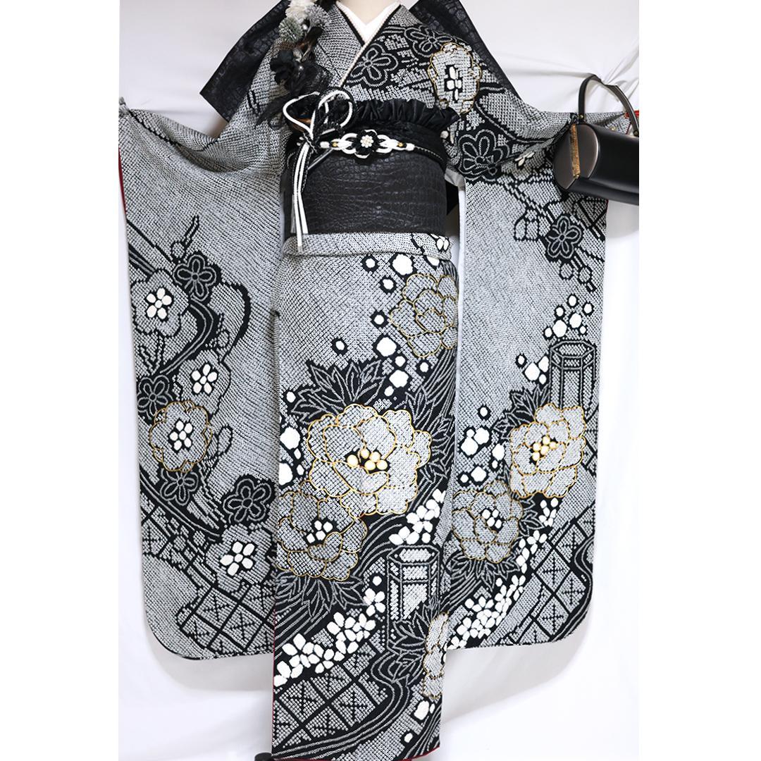 【良好】豪華総絞り振袖8点セット◆164cm帯小物付フルセット黒白正絹Ub41