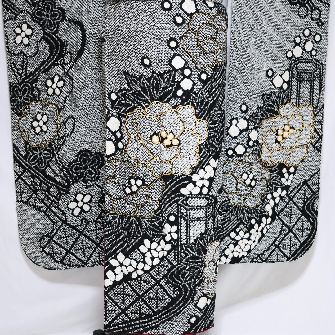 【良好】豪華総絞り振袖8点セット◆164cm帯小物付フルセット黒白正絹Ub41