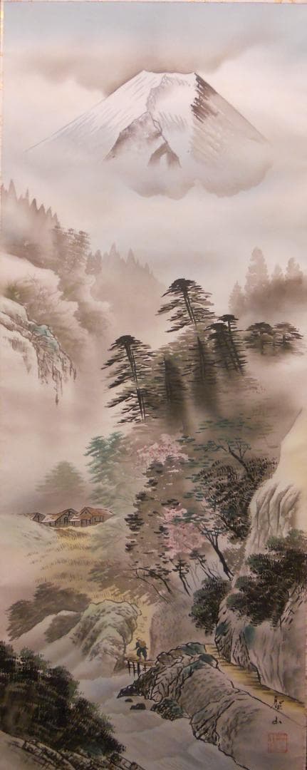 掛け軸 聖山 春景山水 絹本 希少 軸装 茶道具 掛軸 美品 です。