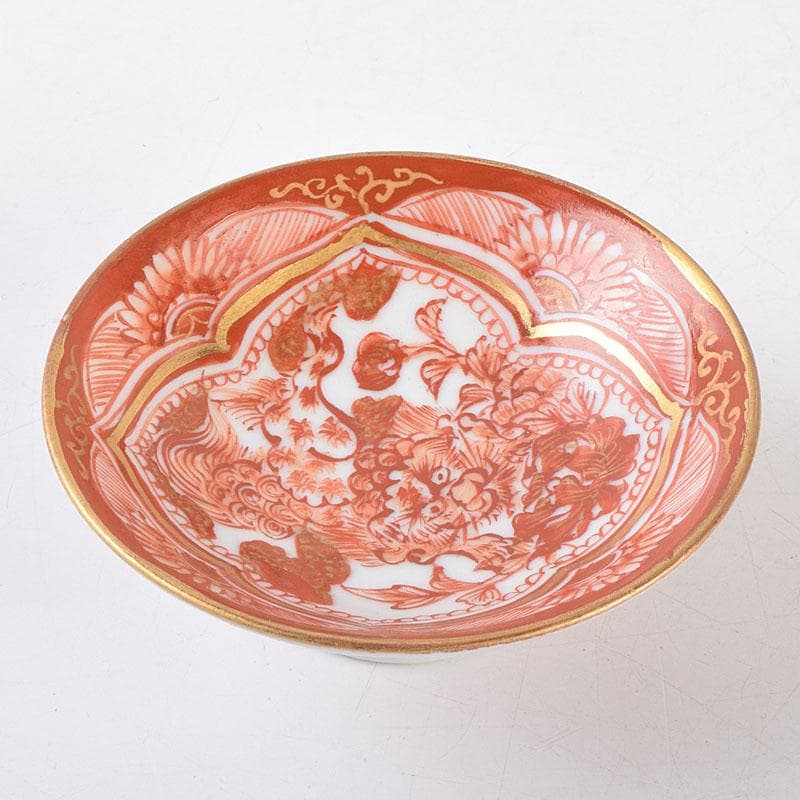 九谷焼　九谷八郎手　赤絵　神獣文　盃　ぐい呑　時代箱　M　R9174