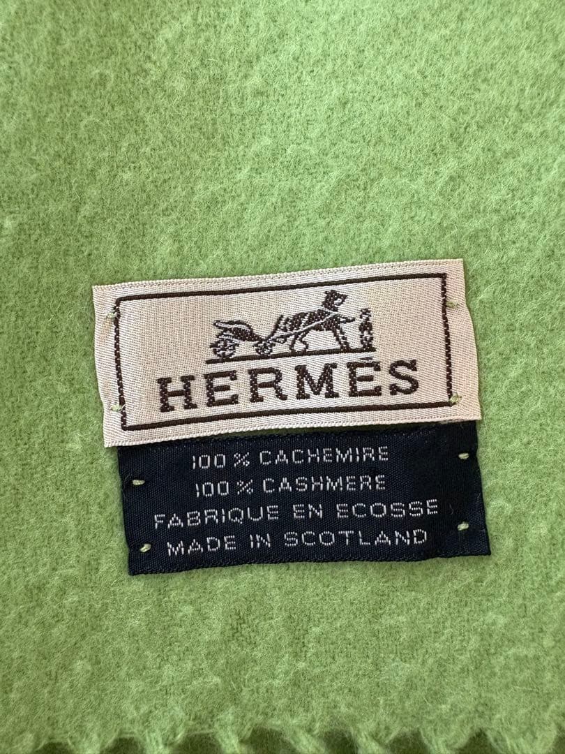 エルメス　カシミヤ　100% ライトグリーン フリンジ付きマフラー