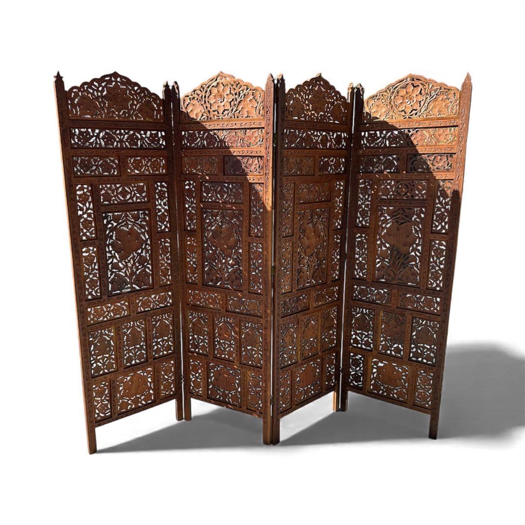 アジアン家具 4連パーテーション 透かし彫り 衝立 間仕切り 彫刻 木製 ウッド