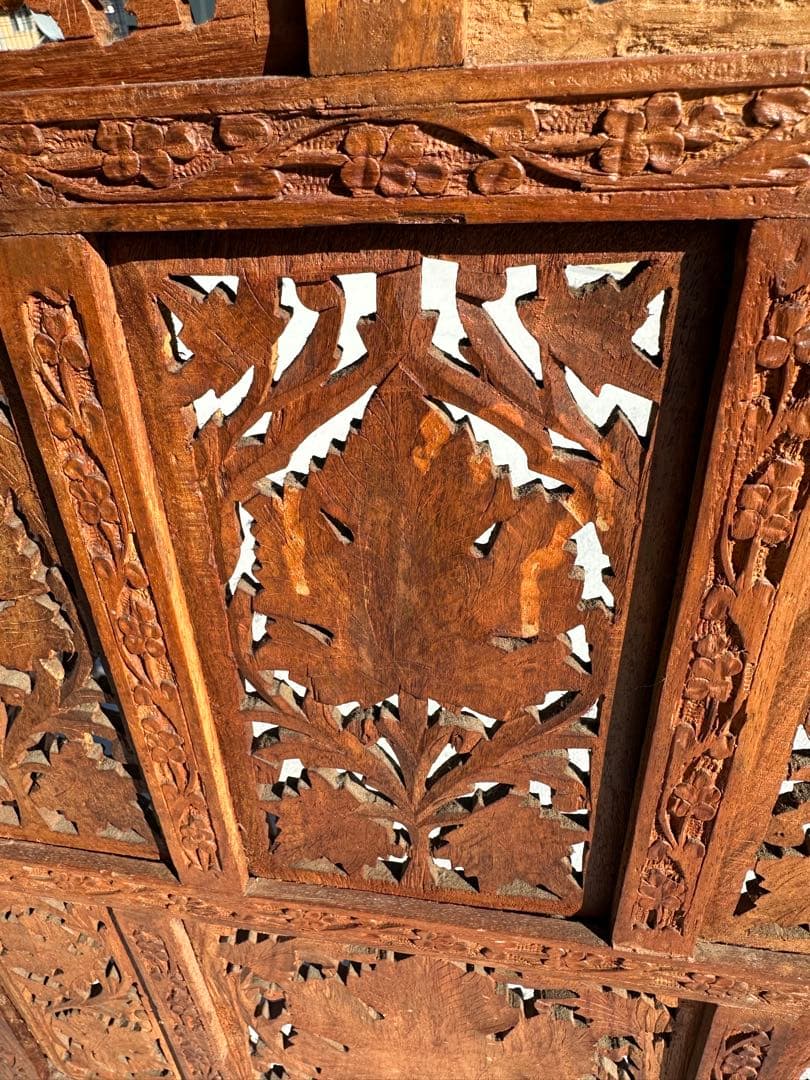 アジアン家具 4連パーテーション 透かし彫り 衝立 間仕切り 彫刻 木製 ウッド
