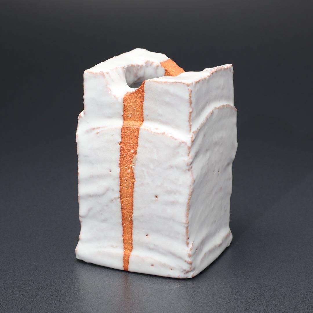 【茶道具】白釉掛分掛花入　萩焼　大和保男　共箱　白　R1561ダN3