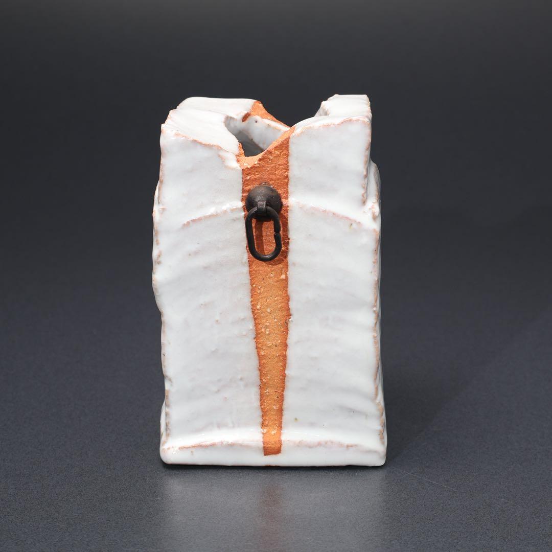 【茶道具】白釉掛分掛花入　萩焼　大和保男　共箱　白　R1561ダN3