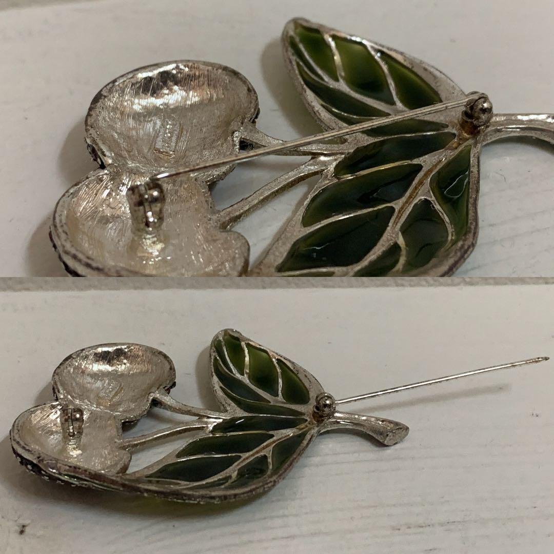 MONET VINTAGE チェリー リーフモチーフ ストーン装飾 ピンブローチ