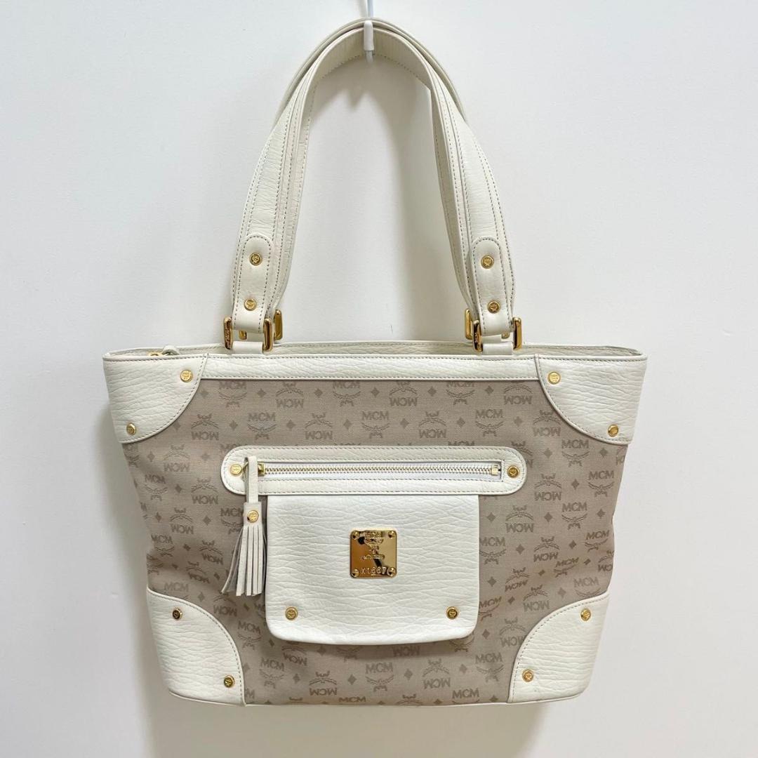 MCM ハンドバッグ 総柄 レディース ロゴ 白 ホワイト ベージュ 美品 中古