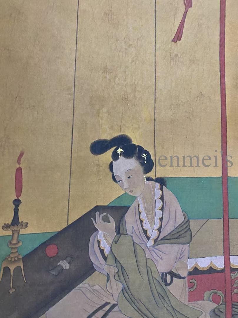 中国古美術 唐代 張萱款 青と金色の女性と提灯の掛軸 絹布 唐物 書画 水彩画