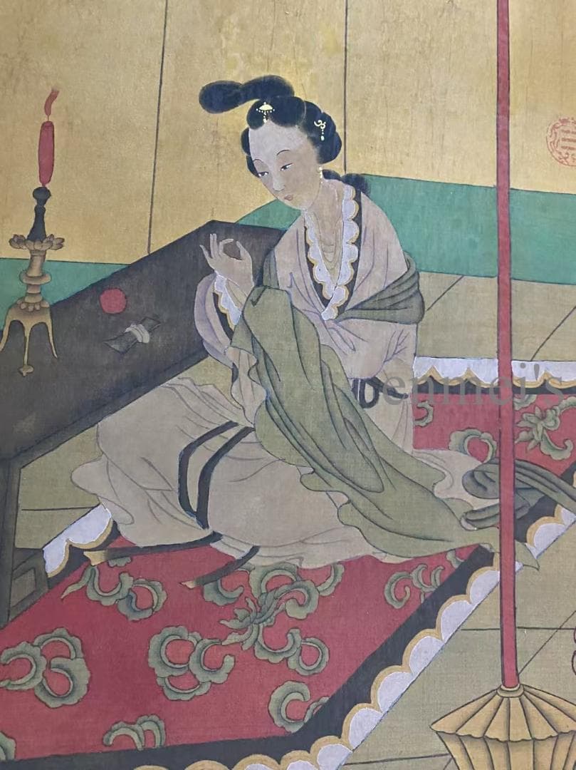 中国古美術 唐代 張萱款 青と金色の女性と提灯の掛軸 絹布 唐物 書画 水彩画