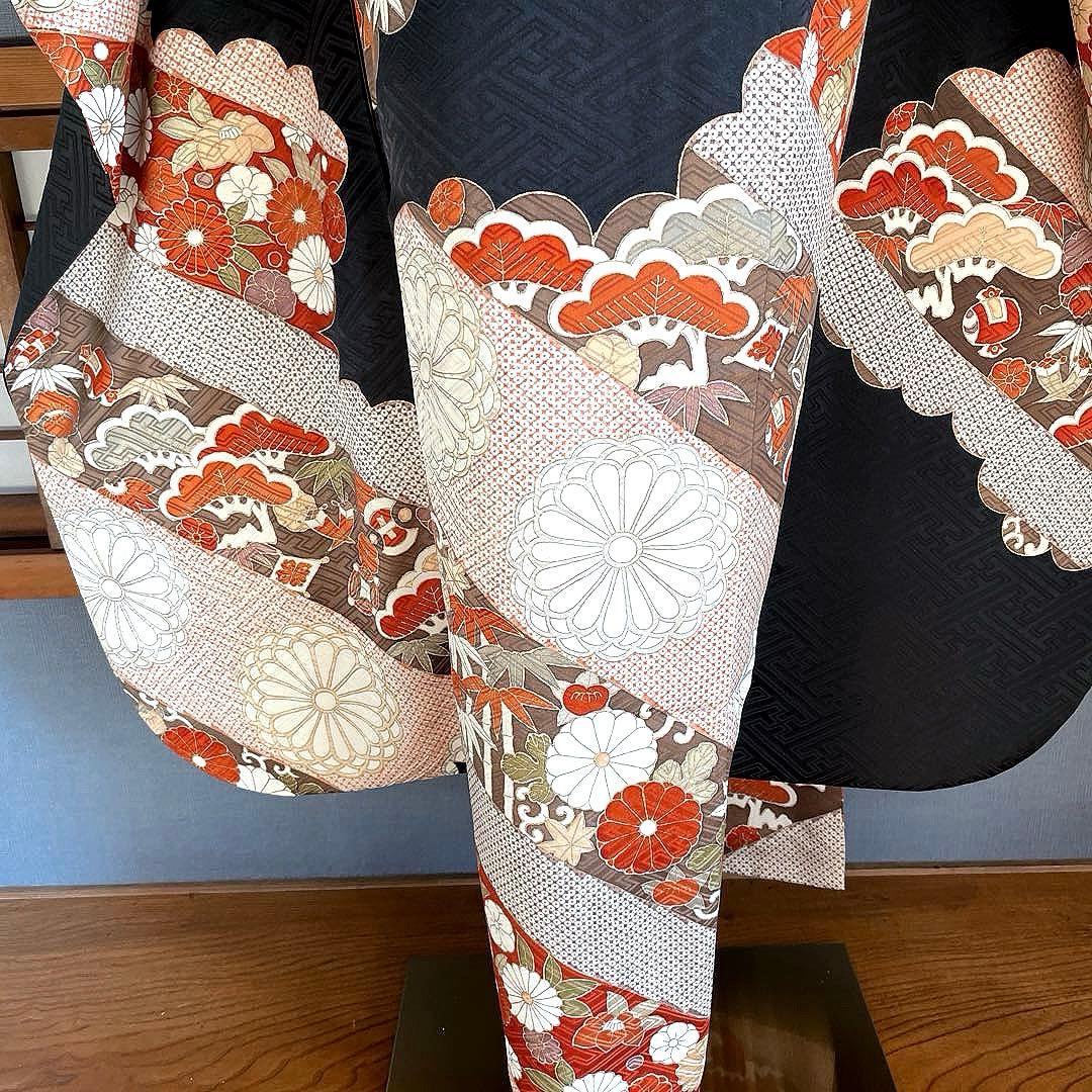 振袖フルセット　高身長　紋意匠　手描き友禅　成人式振袖　振袖　裄丈68 黒