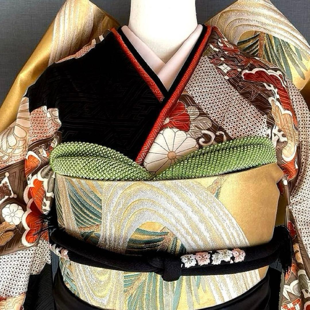 振袖フルセット　高身長　紋意匠　手描き友禅　成人式振袖　振袖　裄丈68 黒