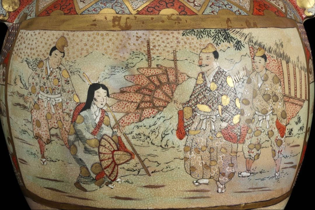 薩摩焼 金襴手金彩色絵 武者人物図 獅子摘三足大香炉 62㎝ 共箱 古美術 骨董