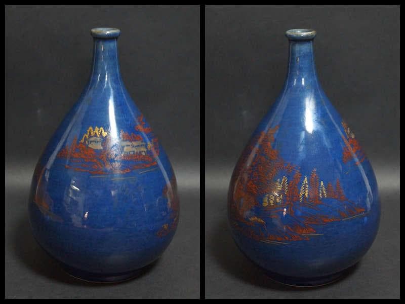 江戸時代中期 古伊万里瑠璃手 大型徳利 金銀彩赤絵 『山水風景図』飾り壺★時代物