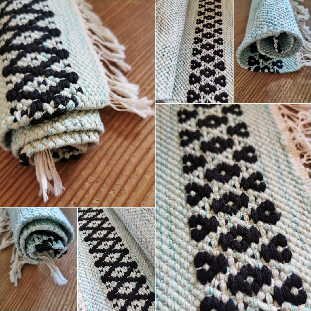 ヴィンテージ/アンティーク ポーランド 手織りフリンジ付き美しい水色タペストリー