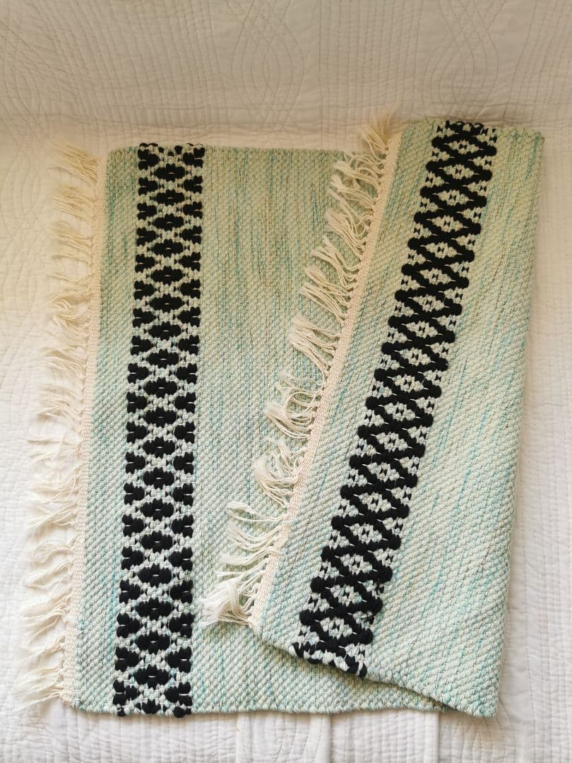 ヴィンテージ/アンティーク ポーランド 手織りフリンジ付き美しい水色タペストリー