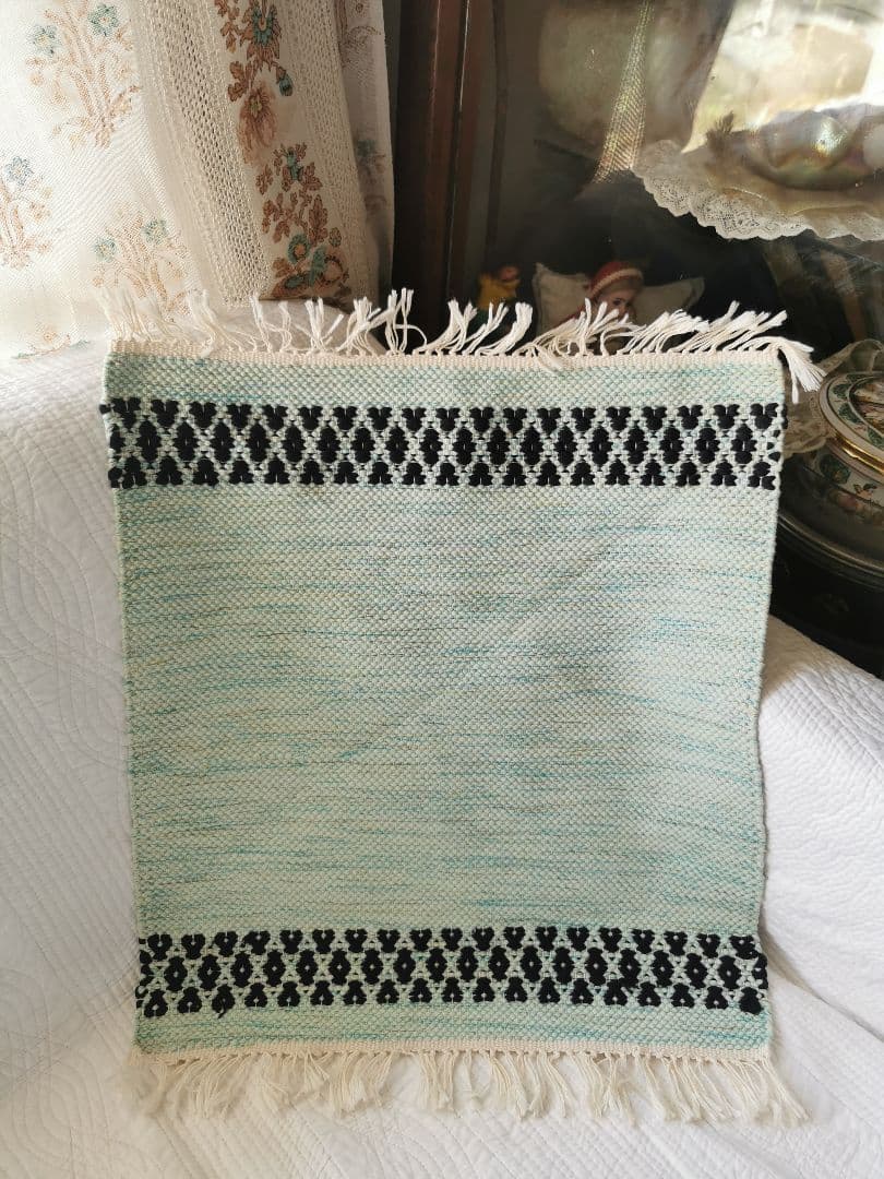 ヴィンテージ/アンティーク ポーランド 手織りフリンジ付き美しい水色タペストリー