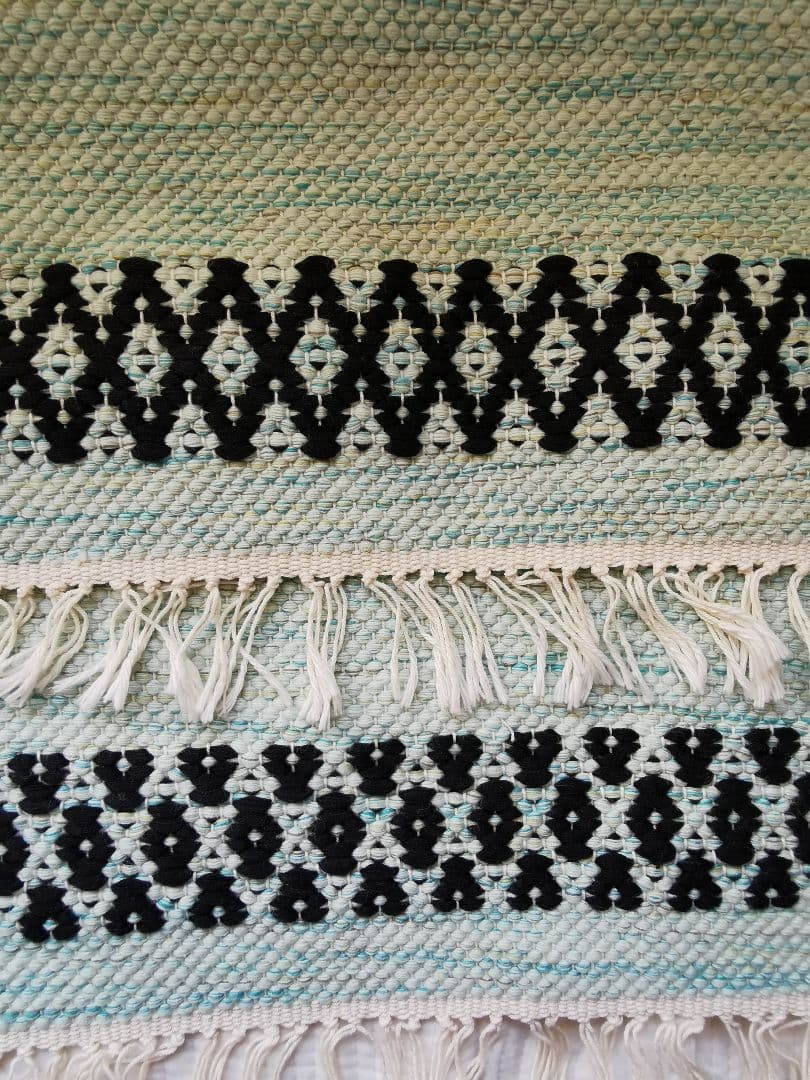 ヴィンテージ/アンティーク ポーランド 手織りフリンジ付き美しい水色タペストリー