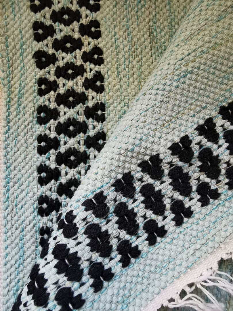 ヴィンテージ/アンティーク ポーランド 手織りフリンジ付き美しい水色タペストリー