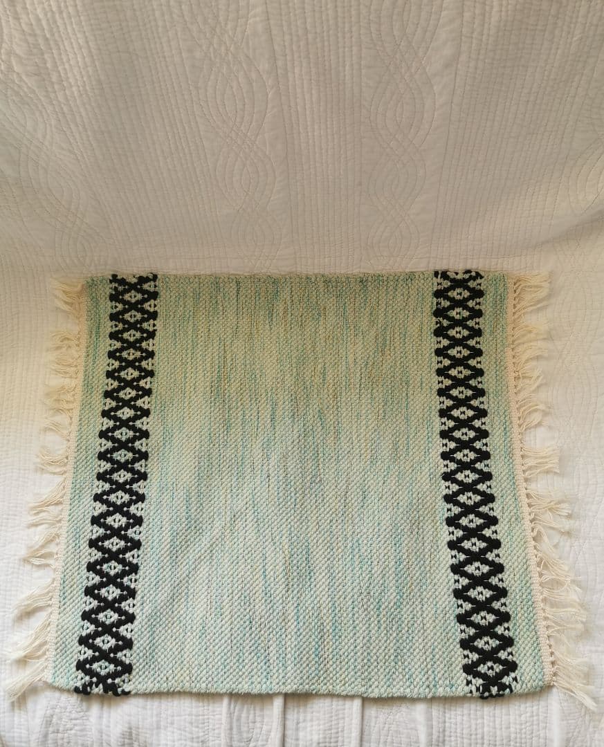 ヴィンテージ/アンティーク ポーランド 手織りフリンジ付き美しい水色タペストリー