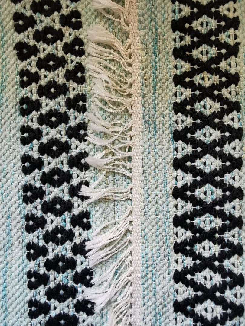 ヴィンテージ/アンティーク ポーランド 手織りフリンジ付き美しい水色タペストリー