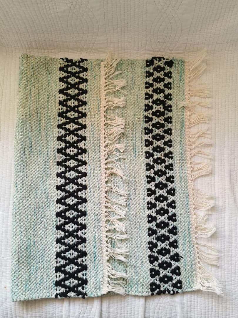 ヴィンテージ/アンティーク ポーランド 手織りフリンジ付き美しい水色タペストリー