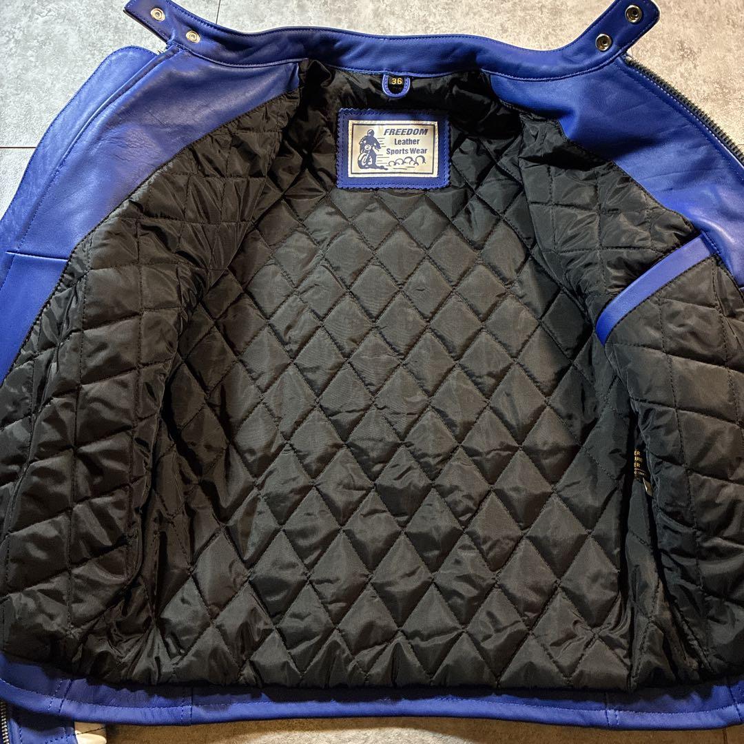 未使用級 美品 FREEDOM レザージャケット 36 ブルー×ホワイト 本革