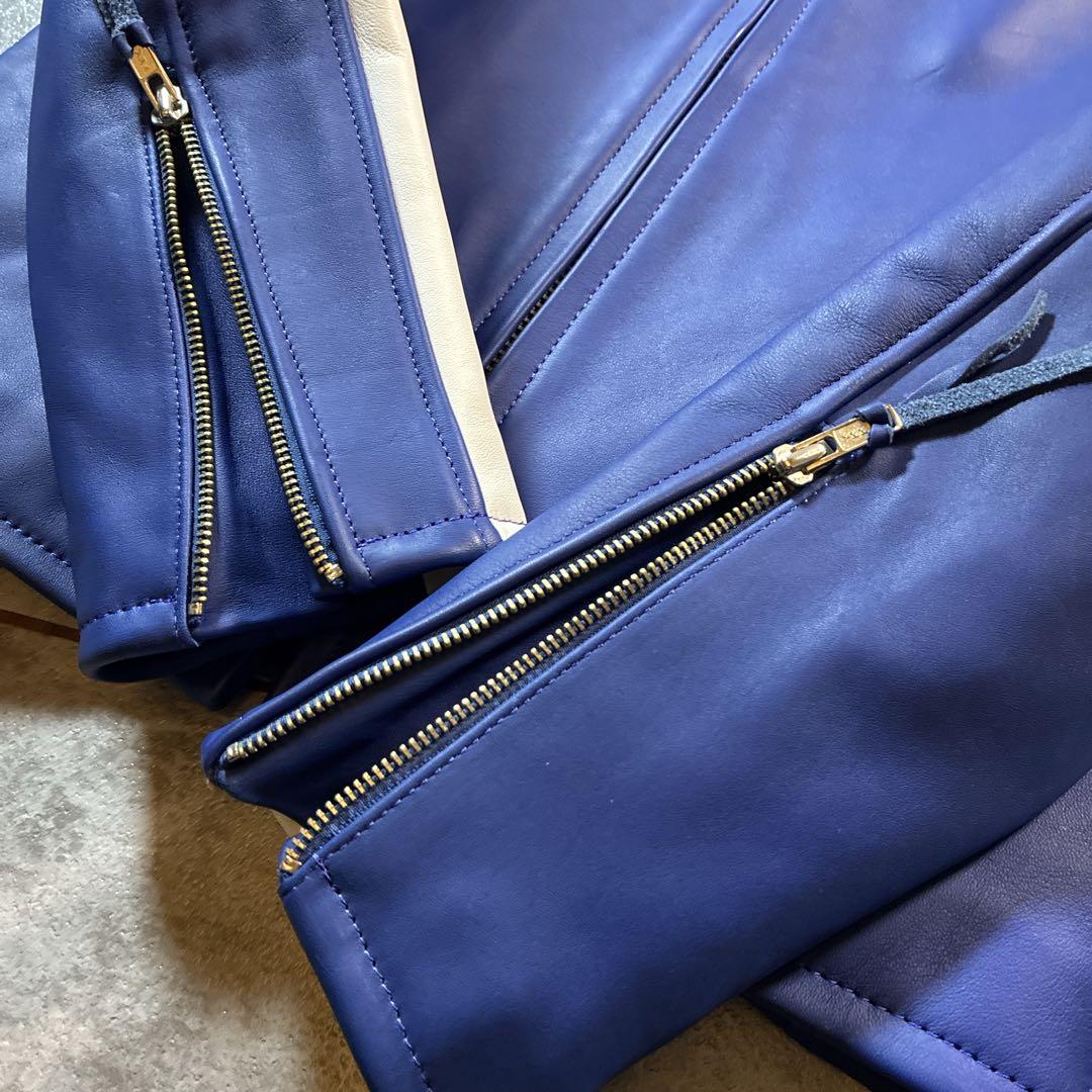 未使用級 美品 FREEDOM レザージャケット 36 ブルー×ホワイト 本革