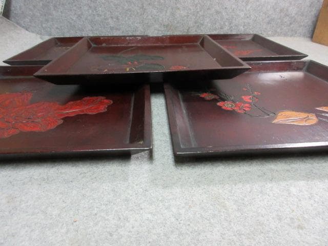 讃岐 手彫り 角盆 5枚 [B23519] 絵変り 両峰山人刀 讃岐木地漆