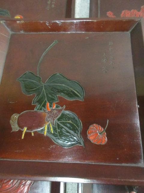 讃岐 手彫り 角盆 5枚 [B23519] 絵変り 両峰山人刀 讃岐木地漆