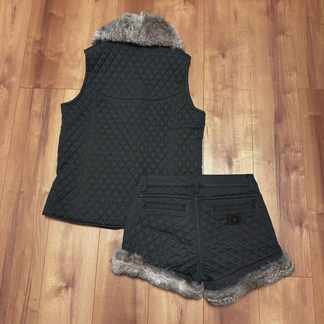 中綿　ラビットファー　キルティング　ベスト　パンツ　セットアップ　S 秋冬