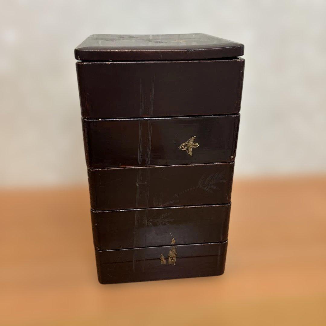 重箱5段　伝統工芸品 漆塗り 金箔 蒔絵 骨董 昭和レトロ アンティーク 時代物
