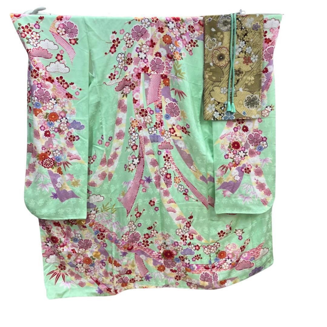 【お得品】 振袖セット 成人式 正絹 古典柄 振袖 緑 S*65 ●