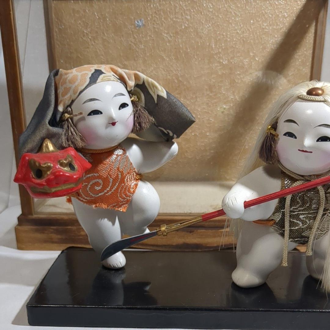 加賀人形 伝統工芸 獅子舞と薙刀 男童 ガラスケース付 昭和レトロ 旧家保管品