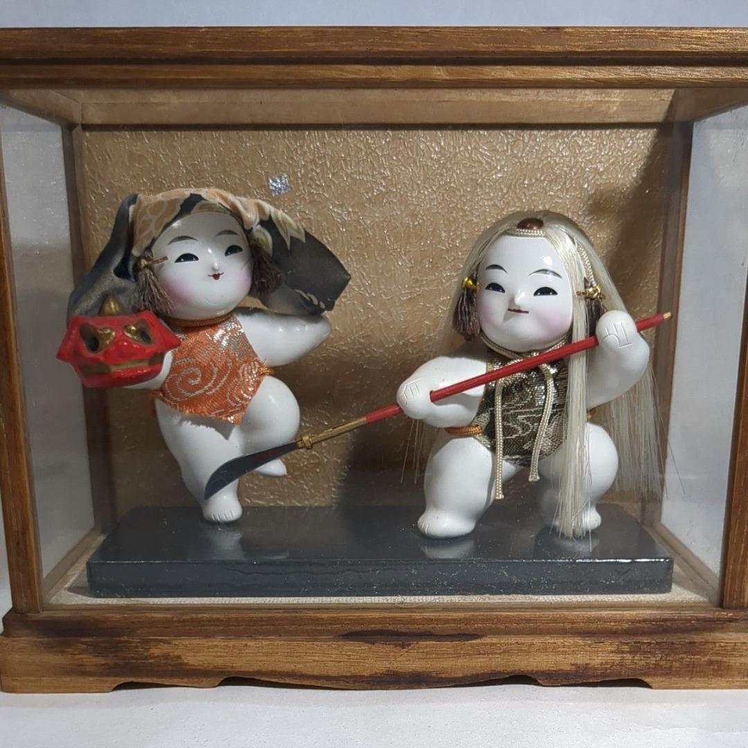 加賀人形 伝統工芸 獅子舞と薙刀 男童 ガラスケース付 昭和レトロ 旧家保管品