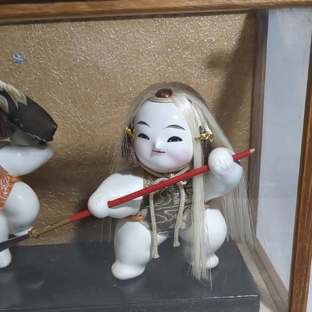 加賀人形 伝統工芸 獅子舞と薙刀 男童 ガラスケース付 昭和レトロ 旧家保管品