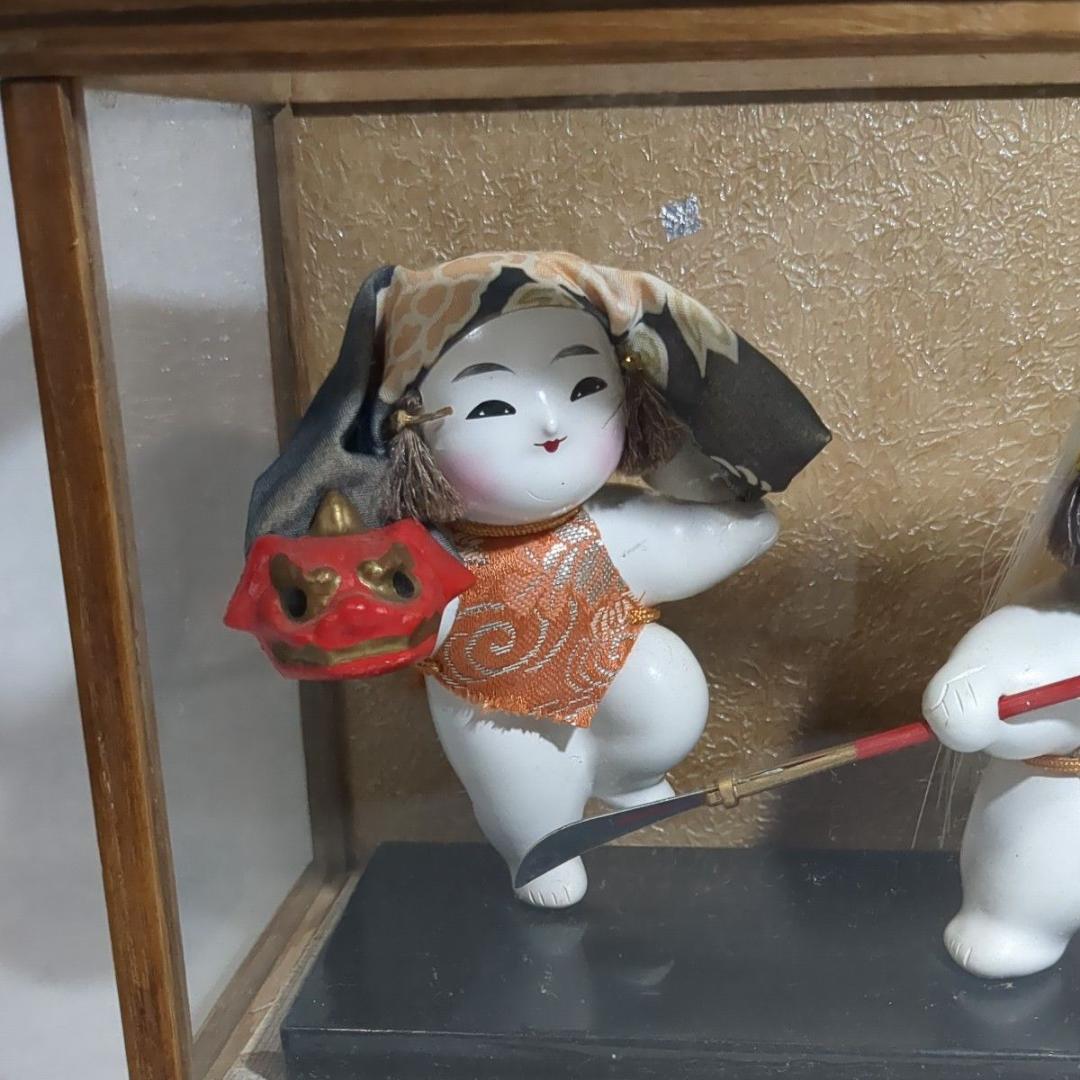 加賀人形 伝統工芸 獅子舞と薙刀 男童 ガラスケース付 昭和レトロ 旧家保管品