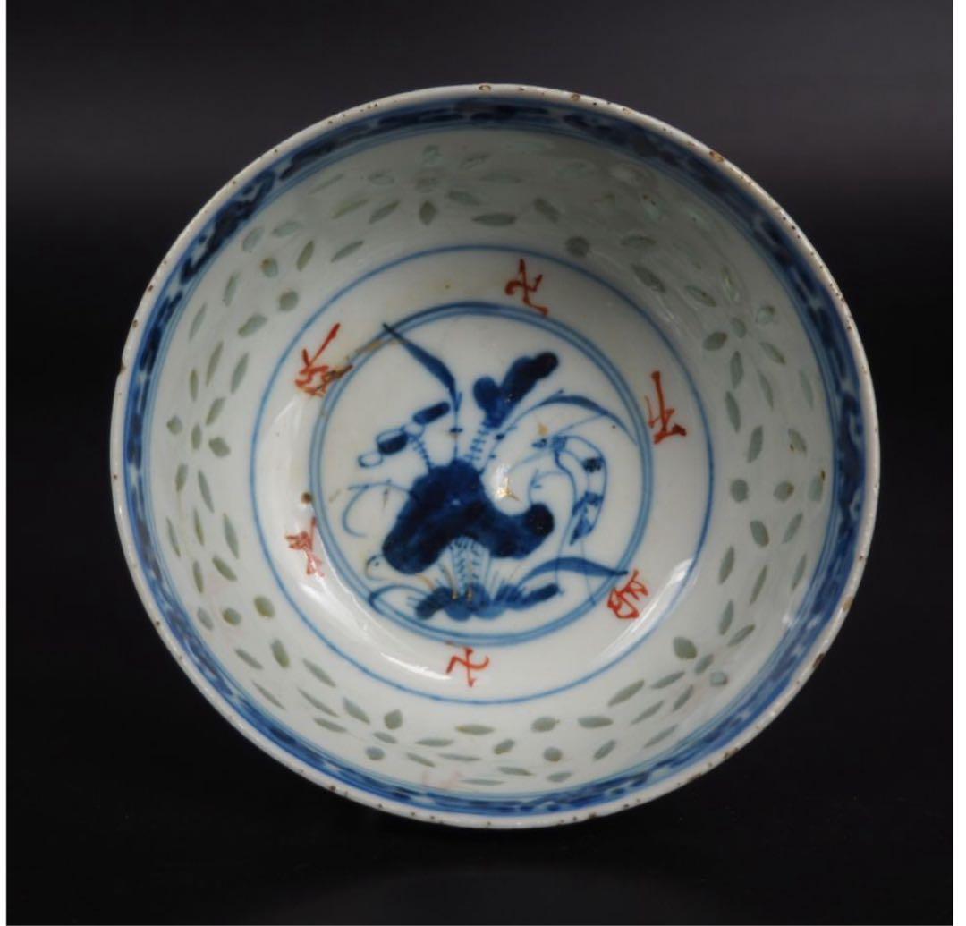 送料無料　康熙年製蛍手茶碗・茶筒・茶杓　茶器揃　　検/中国古玩骨董明代清代乾隆