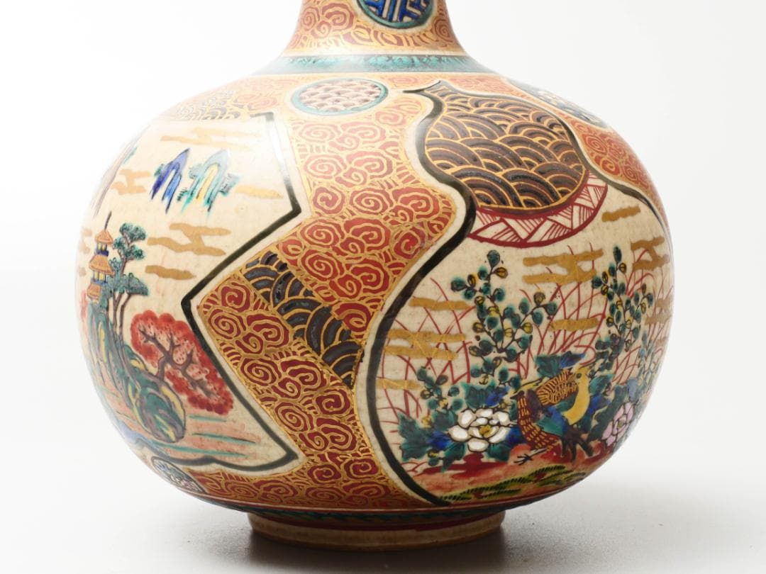 幕末名工 【九谷庄三】造 色絵金彩図変鶴首 花瓶 花器 高さ27.5ⅽm