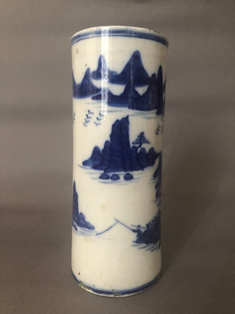 中国骨董　陶器　清朝　花瓶 花器　染付山水花瓶 骨董