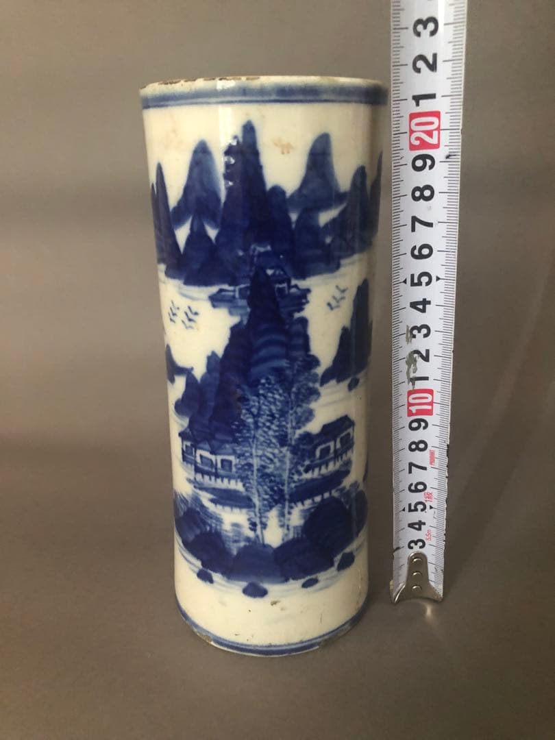 中国骨董　陶器　清朝　花瓶 花器　染付山水花瓶 骨董