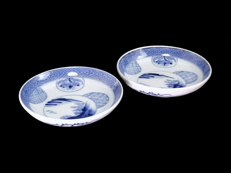 古伊万里　染付　墨弾き　丸紋の図　豆皿　手塩皿　２枚　C794AS-CRq